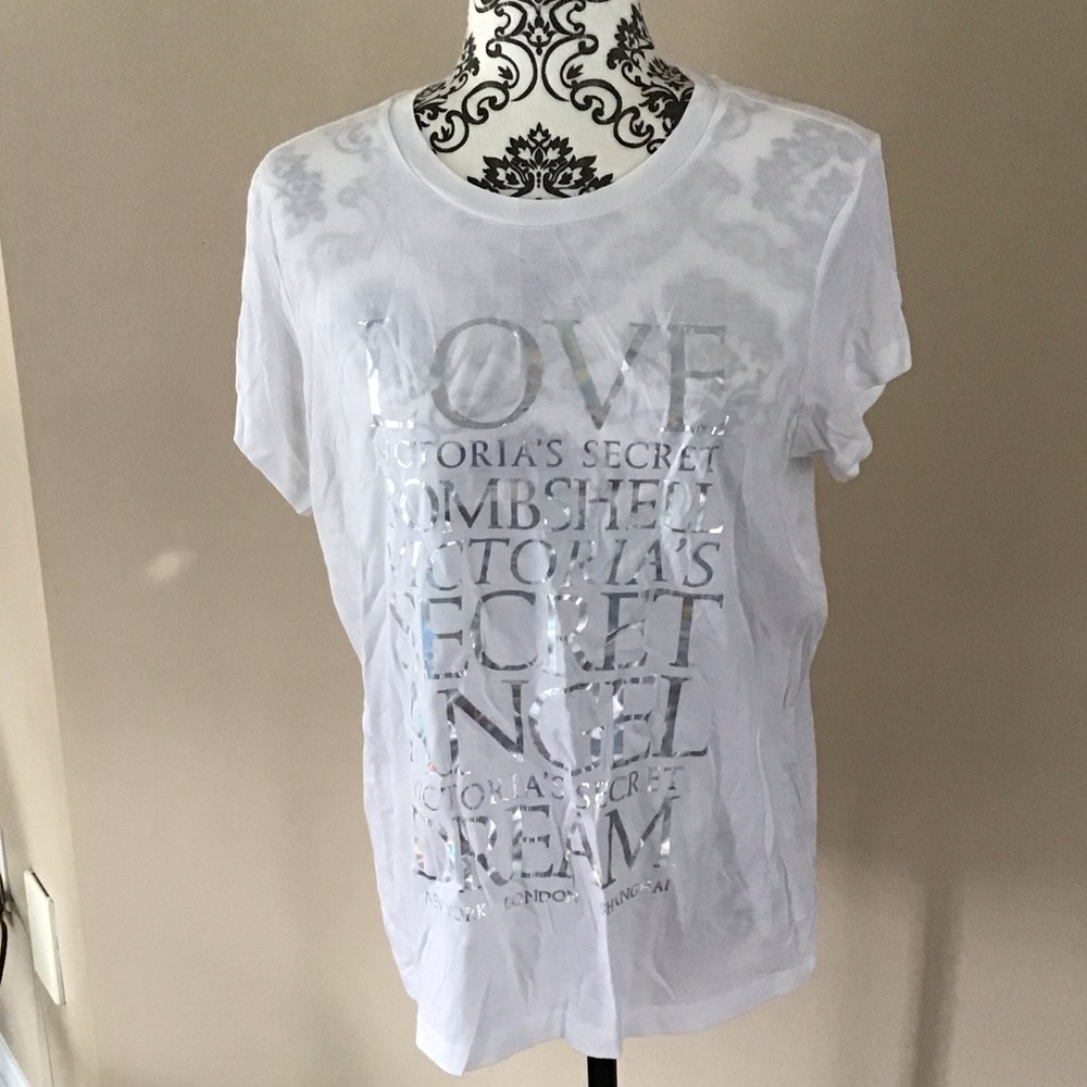 Victoria’s Secret white short sleeve t-shirt silver iridescent writing on front